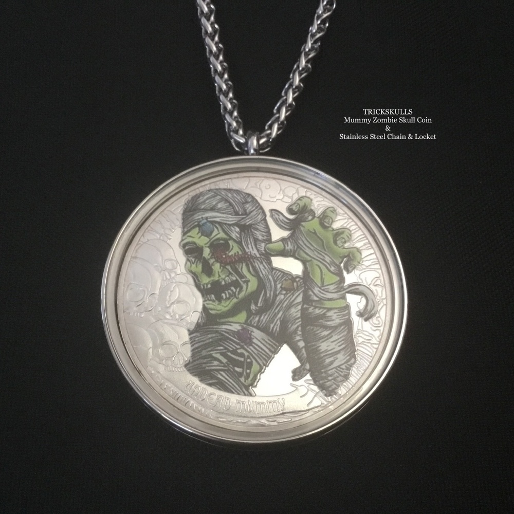 Mummy Zombie Enamel Coin in Stainless Locket & Custom Size Wheat Link Chain